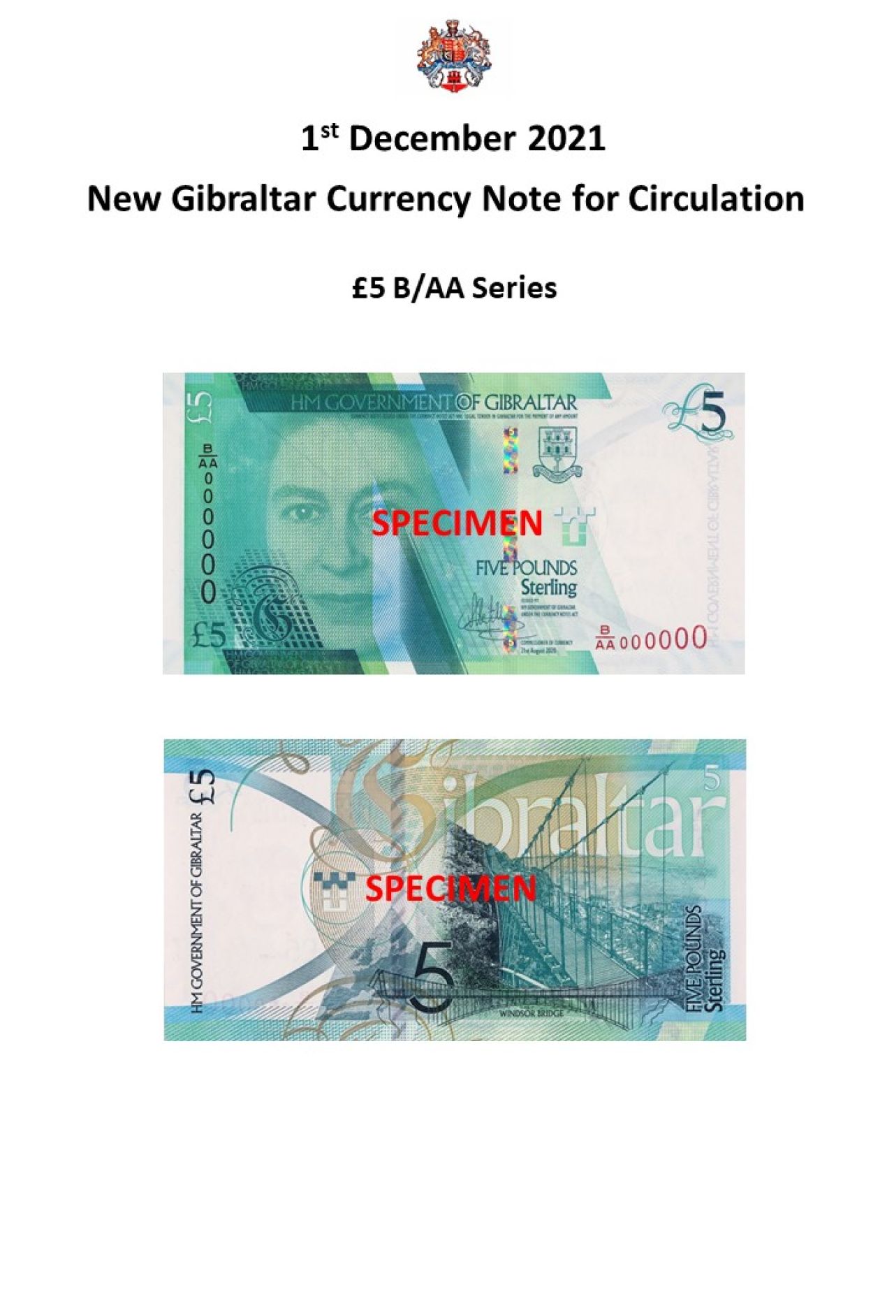 Issue Of New Gibraltar £5 Note