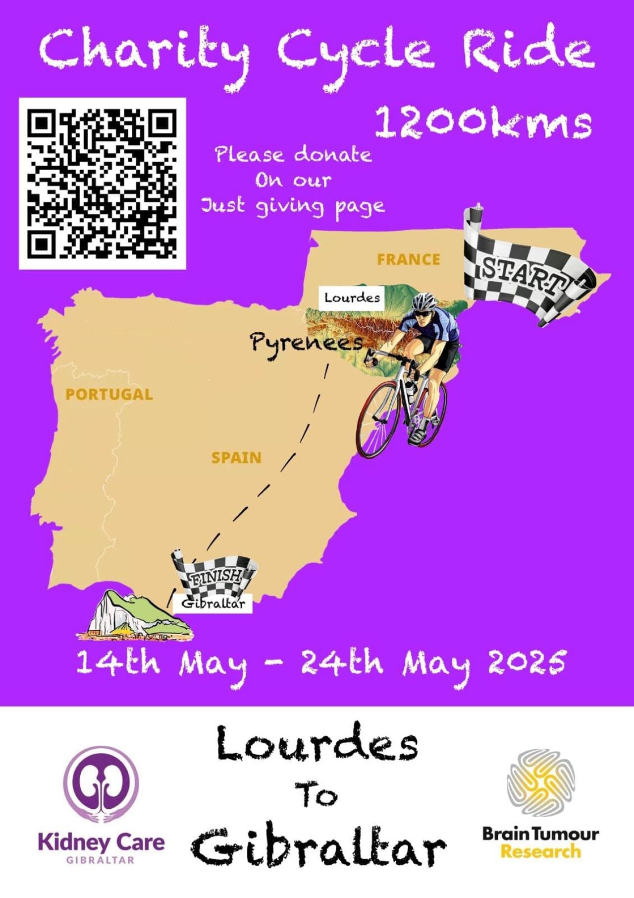 Charity Cycling Ride Lourdes To Gibraltar In Aid Of Kidney Care Gibraltar And Brain Tumour Research